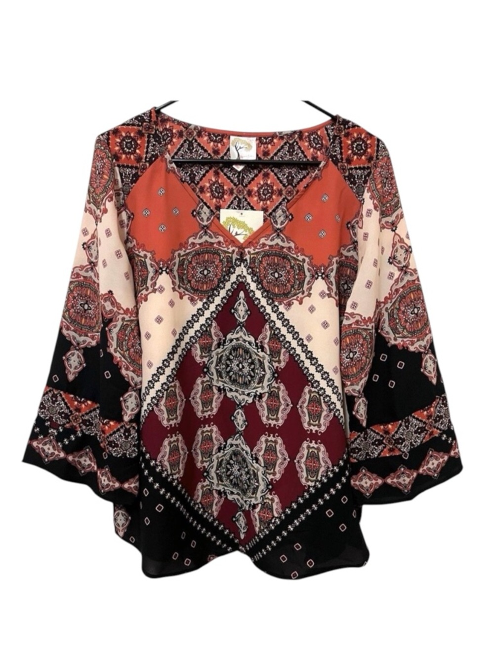 Anthropologie FIG AND FLOWER Multicolor Blouse Geometric Boho Drapey M NWT *FLAW